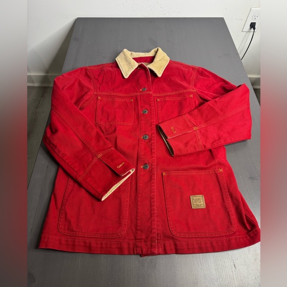 Vintage Lauren Ralph Lauren Red Cotton Chore Coat Barn Jacket Size Medium - Picture 2 of 10